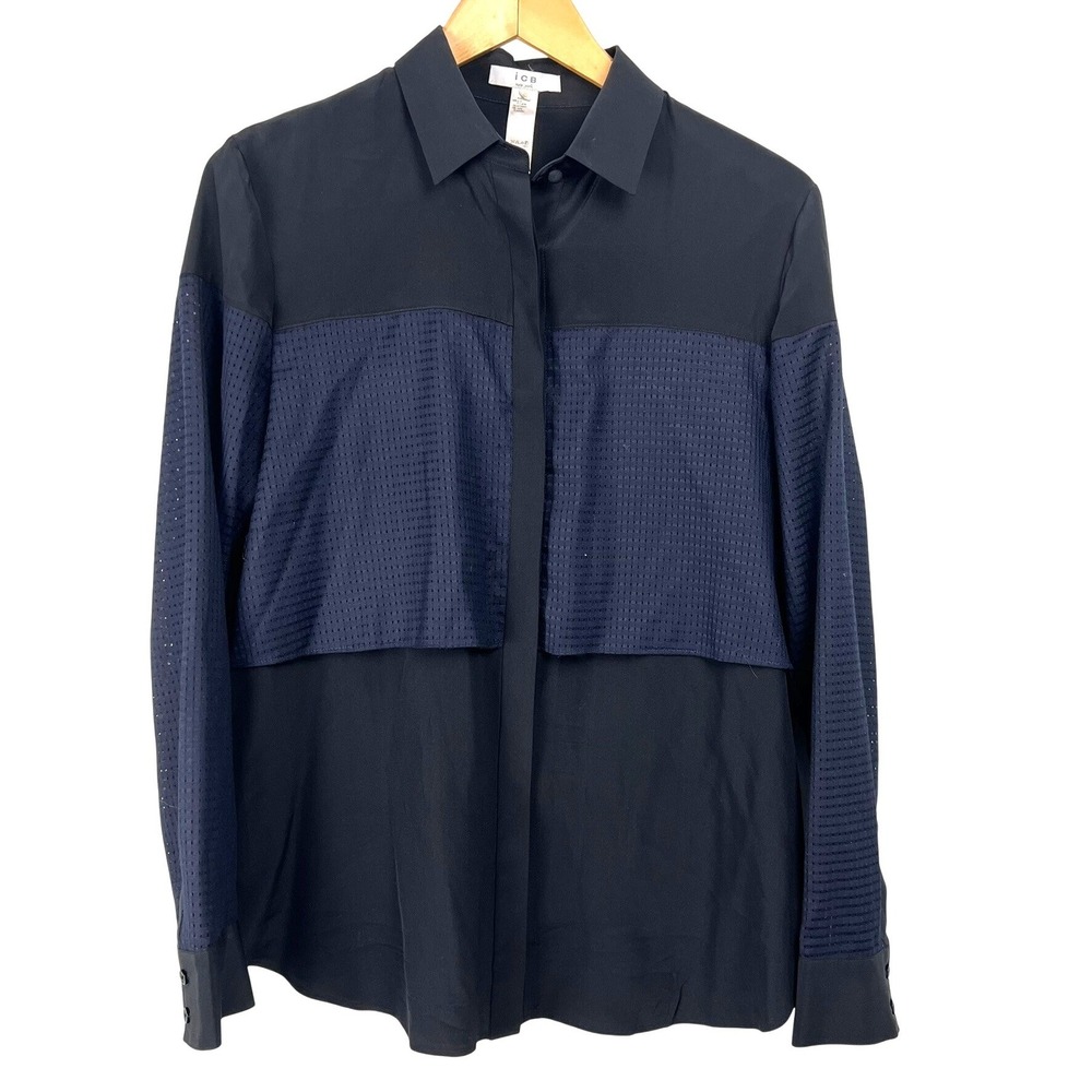ICB Silk Mesh Panel Button‎ Down Shirt Black Navy Womens 8 Office Capsule Luxury
